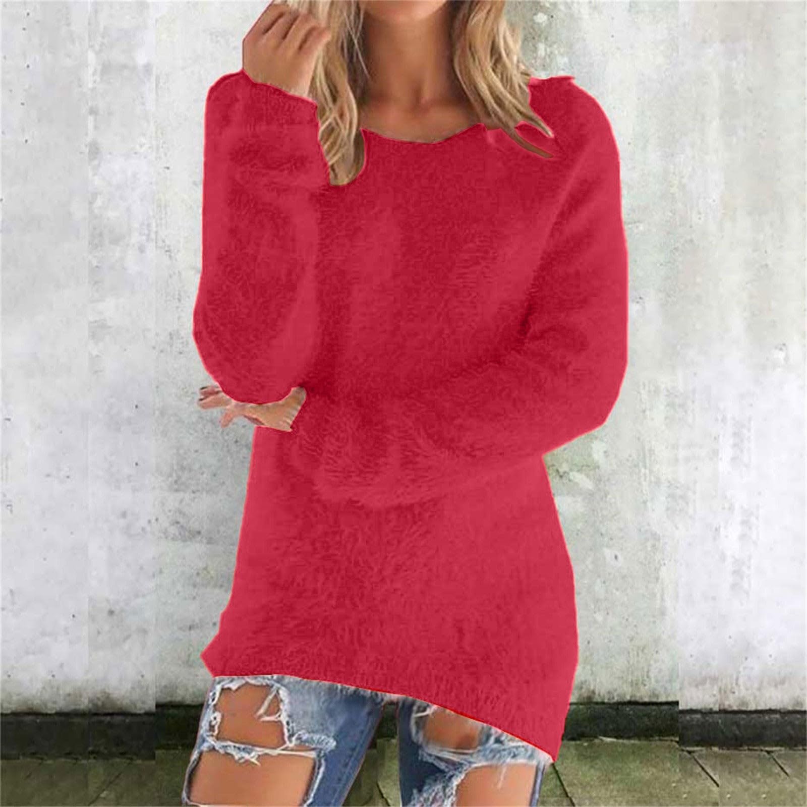 Damen Niedliche Pullover Lässiger Rundhals Fleece Pullover Langarm Thermisch Weich Flauschig Pullover Winterkleidung XXL rot von Joom DACH