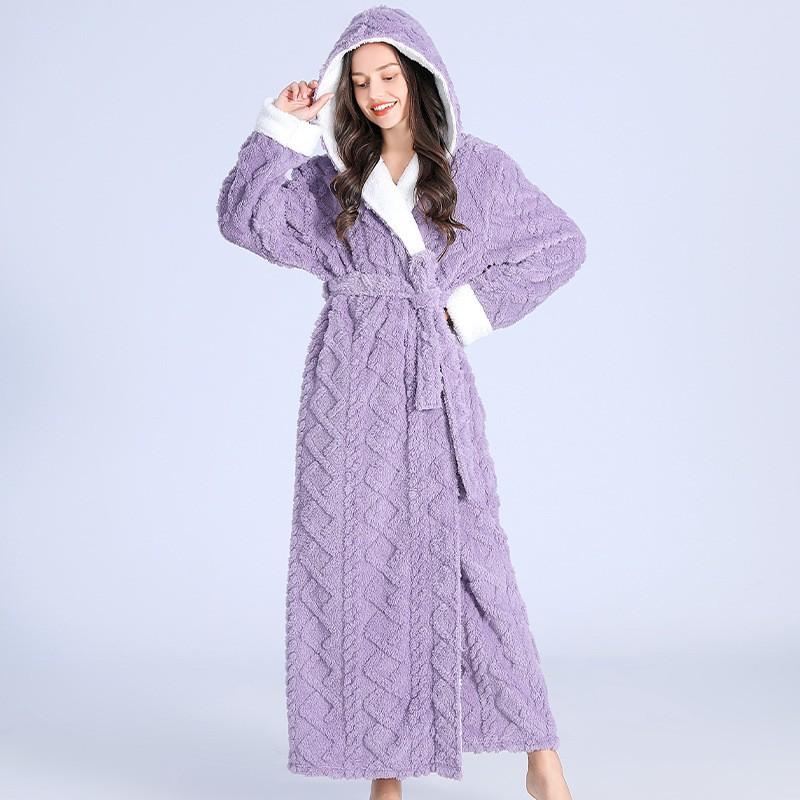 Damen Niedlicher Bademantel Herbst Winter Verlängtes Kapuzen-Nachthemd Weiche Nachtwäsche Damen Jacquard Flanell Pyjama Dicker Warm L violett von Joom DACH