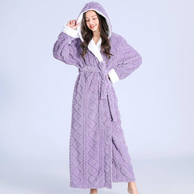 Damen Niedlicher Bademantel Herbst Winter Verlängtes Kapuzen-Nachthemd Weiche Nachtwäsche Damen Jacquard Flanell Pyjama Dicker Warm L violett von Joom DACH