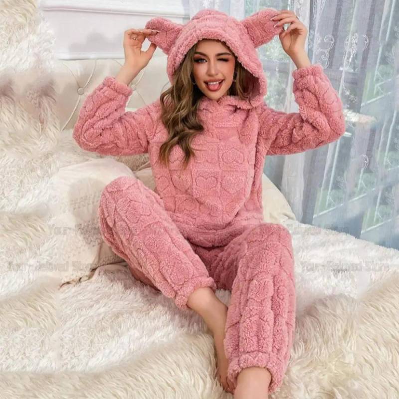 Damen Niedlicher Jacquard 2-teiliger Schlafanzug Rosa Kapuzenoberteil & Hose Warmer Fleece Winter Oberbekleidung Verdicken Schlafanzug Pyjama Femme Loungewear L von Joom DACH
