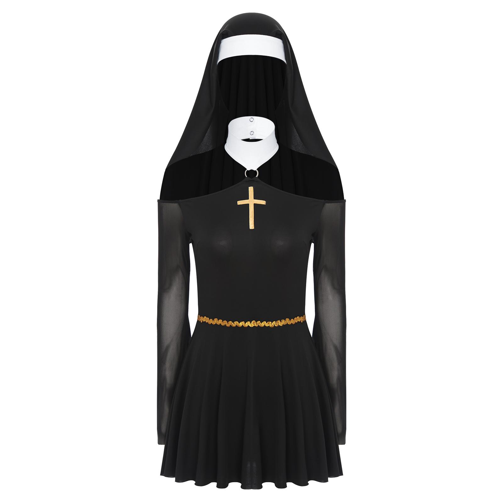 Damen Nonnenkostüm O-Ring Neckholder Mesh Langarm Culottes Kleid Kopftuch Haube Freches Halloween-Outfit S schwarz von Joom DACH