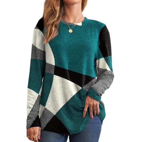 Damen-Oberteile, Rundhalsausschnitt, Langarm, Kontrastfarbe, geometrischer Druck, lockere Passform, T-Shirt, lässige Pullover-Oberteile 5XL von Joom DACH