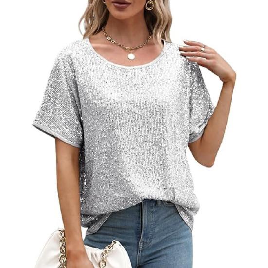 Damen Oberteile Rundhals Kurzarm Locker Geschnittenes T-Shirt Glitzernde Pailletten Freizeitshirt 2XL silber von Joom DACH