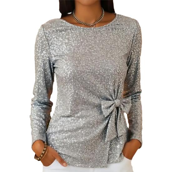 Damen Oberteile Rundhalsausschnitt Langarm Glitzernde Pailletten Pullover Tops mit Schimmernden Schleifenakzenten Freizeitkleidung S silber von Joom DACH