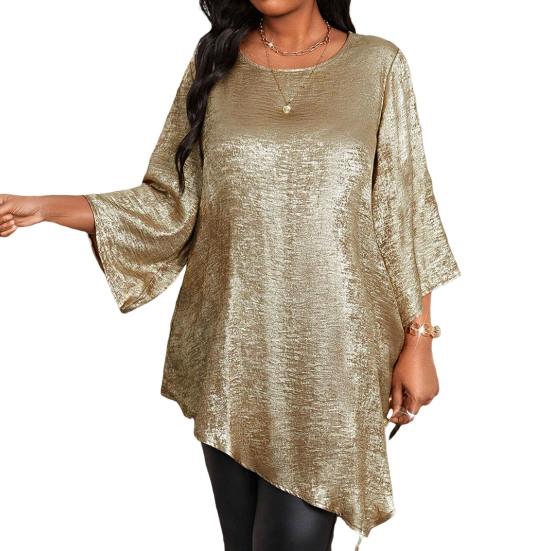 Damen Oberteile Rundhalsausschnitt Neun-Ärmel Mittellange Bluse Glitzernder Unregelmäßiger Saum Locker Geschnittenes T-Shirt Alltagskleidung 5XL goldgelb von Joom DACH
