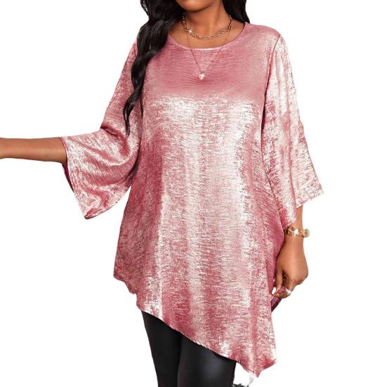 Damen Oberteile Rundhalsausschnitt Neun-Ärmel Mittellange Bluse Glitzernder Unregelmäßiger Saum Locker Geschnittenes T-Shirt Alltagskleidung 5XL von Joom DACH