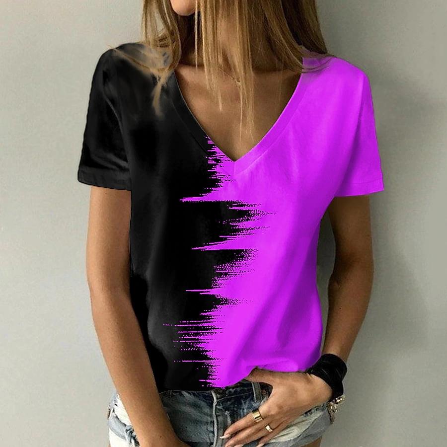 Damen-Oberteile mit V-Ausschnitt, kurzen Ärmeln, Farbe und Schwarz, bedruckt, lockeres T-Shirt, lässige Bluse XL violett von Joom DACH