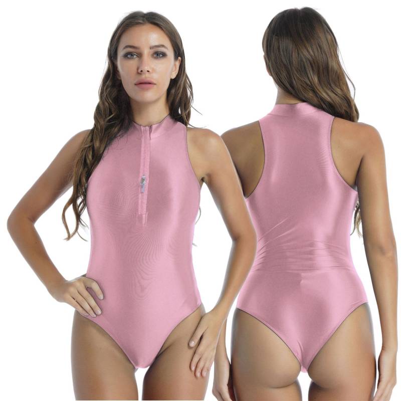 Damen Oil Glossy High Cut Tanga Ärmelloser Trikot-Bodysuit-Badeanzug Enge Bikini-Badebekleidung rosa von Joom DACH
