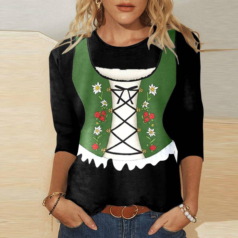 Damen Oktoberfest T-Shirt Oberteile Dreiviertelärmel Rundhals Deutsches Bierfest T-Shirt Bedruckte Grafik Lockere Bluse S von Joom DACH