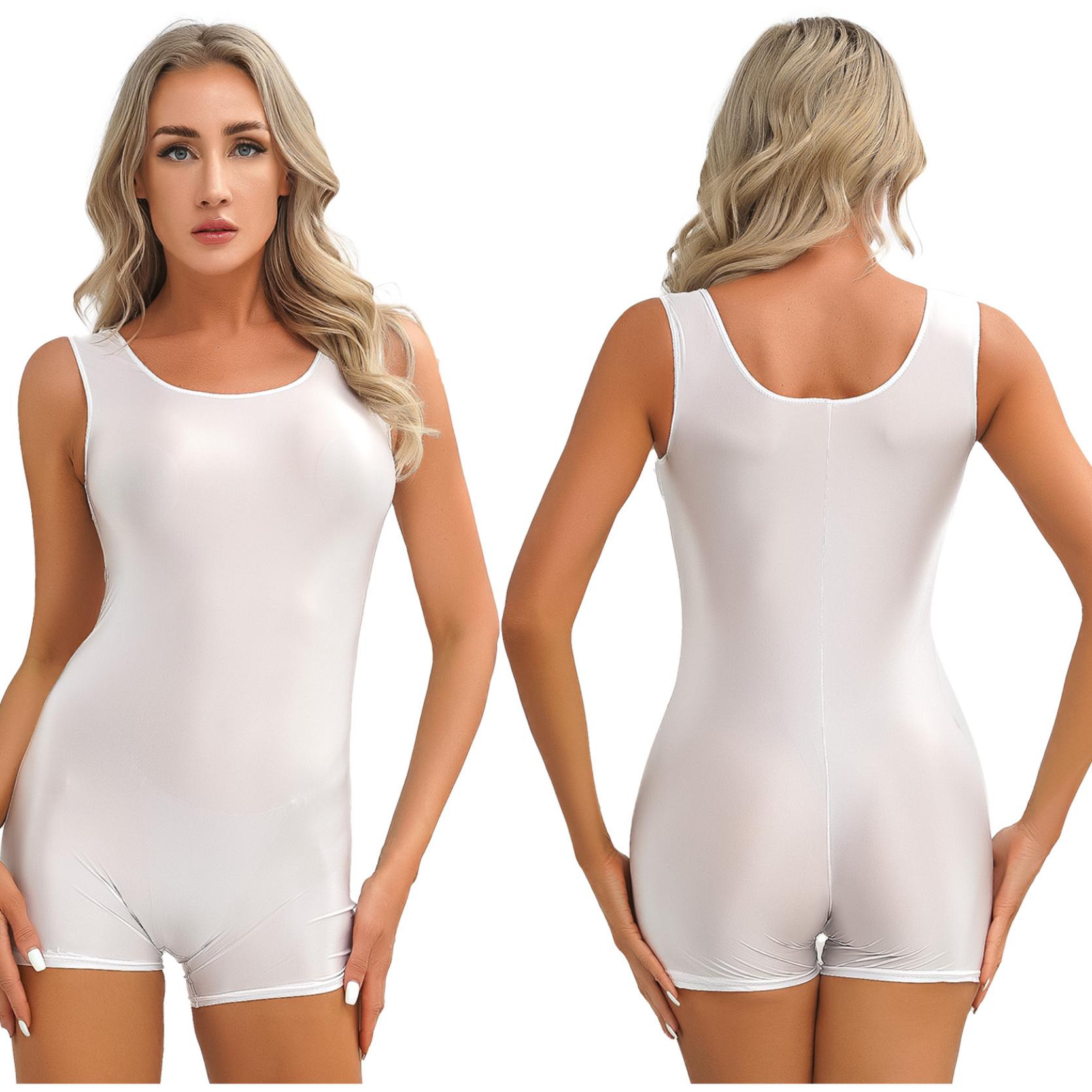 Damen-Overall, glänzend, ärmellos, kurz, einfarbig, dehnbar, U-Ausschnitt, Body für Yoga, Tanz, Bodybuilding, Badeanzug, Schwimmen XL weiß von Joom DACH
