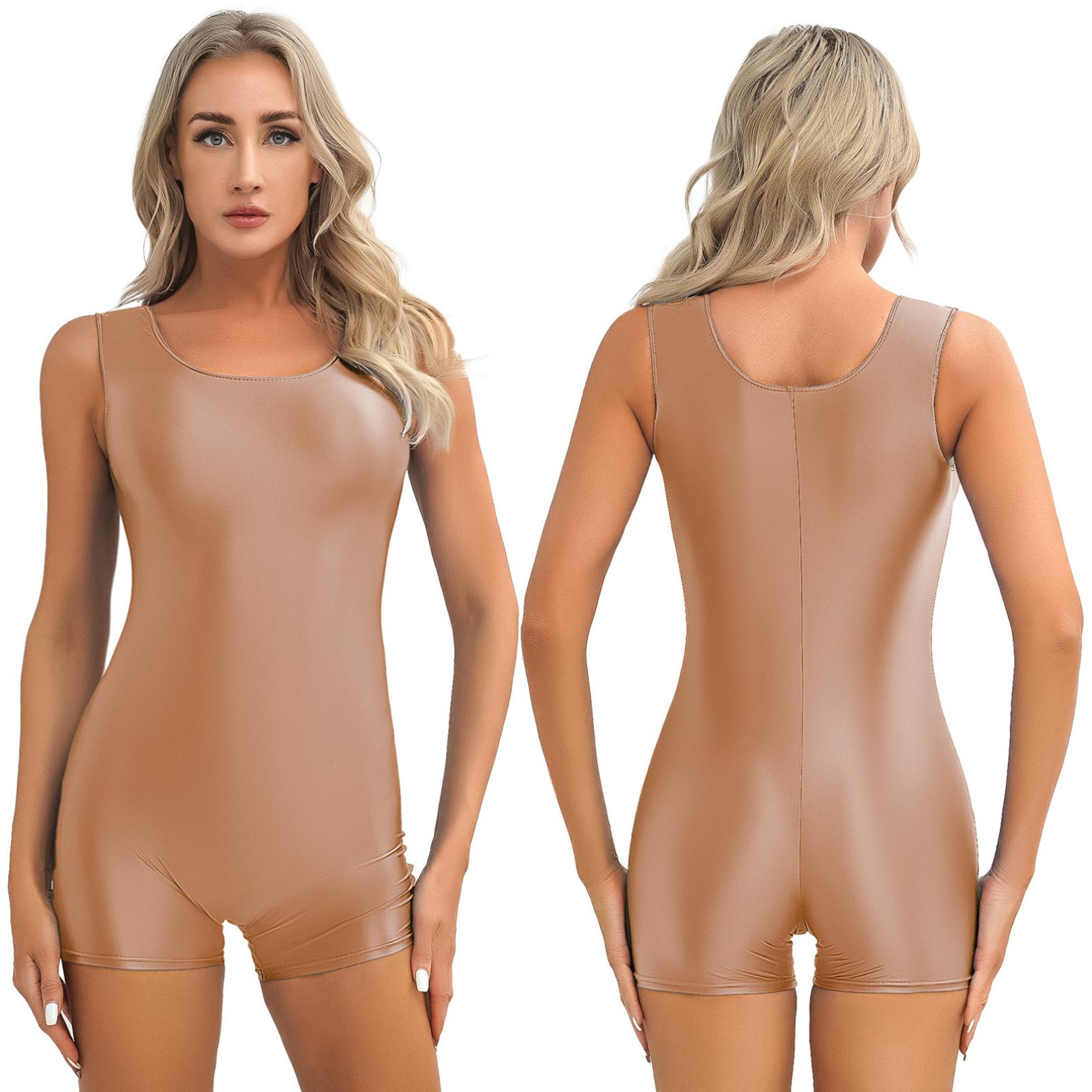 Damen-Overall, glänzend, ärmellos, kurz, einfarbig, dehnbar, U-Ausschnitt, Bodysuit, Badeanzüge L von Joom DACH