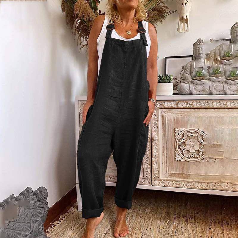 Damen-Overalls mit weitem Bein, verstellbarer Knopfleiste, Baumwollleinen, Arbeitskleidung mit Taschen L schwarz von Joom DACH