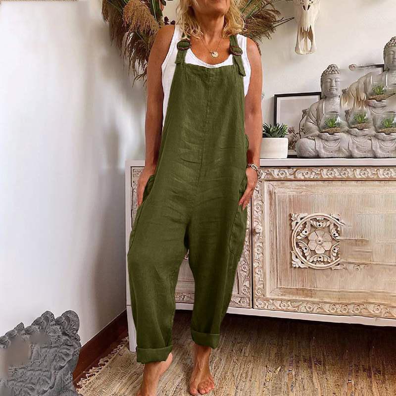 Damen-Overalls mit weitem Bein, verstellbarer Knopfleiste, Baumwollleinen, Arbeitskleidung mit Taschen L grün von Joom DACH