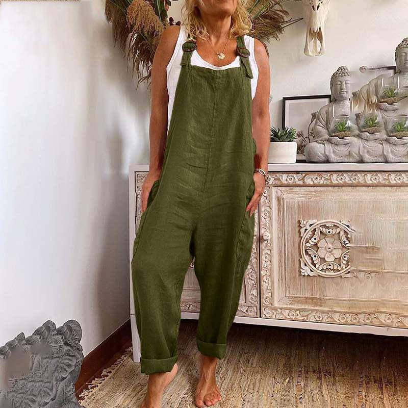 Damen-Overalls mit weitem Bein, verstellbarer Knopfleiste, Baumwollleinen, Arbeitskleidung mit Taschen L grün von Joom DACH