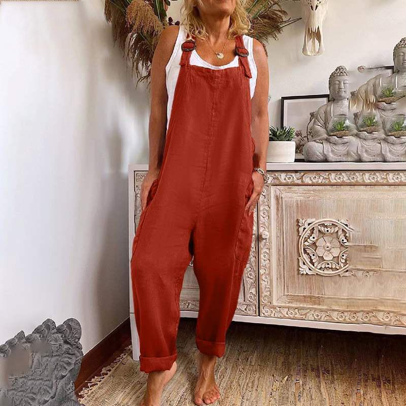 Damen-Overalls mit weitem Bein, verstellbarer Knopfleiste, Baumwollleinen, Arbeitskleidung mit Taschen XL rot von Joom DACH