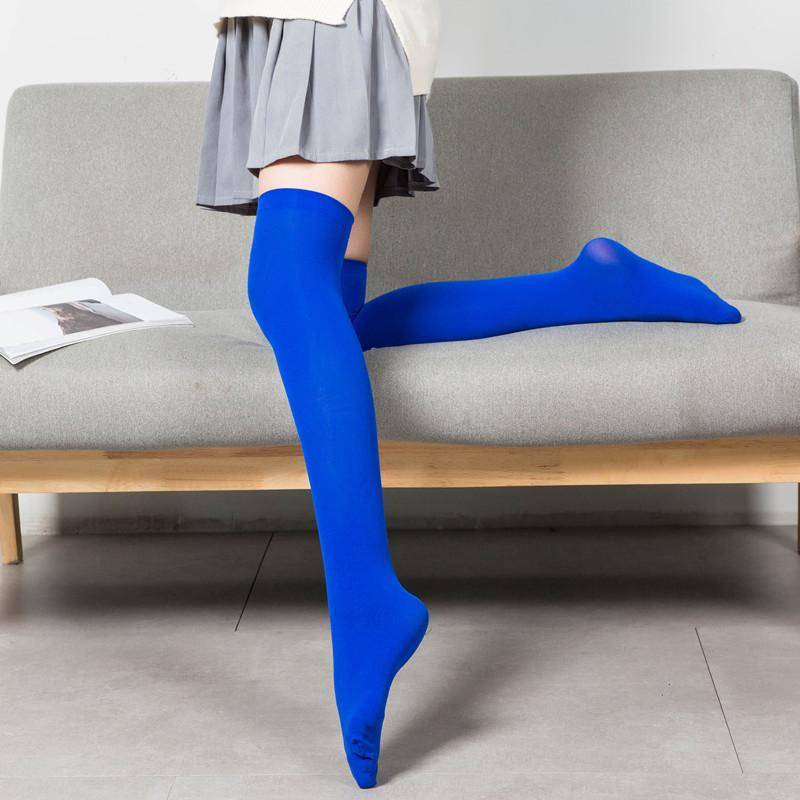 Damen Overknee-Socken, oberschenkelhohe Socke, schwarz-weiße Strümpfe, lange Damensocken CTW063 One Size blau von Joom DACH
