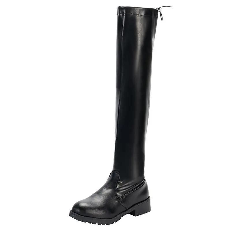 Damen Overknee-Stiefel aus Pu-Leder, elastisch, neuer Winter, schwarzer Langstiefel, Herbst, Slip-On, runde Zehenpartie, dicker niedriger Absatz, Knight Botas 35 schwarz von Joom DACH