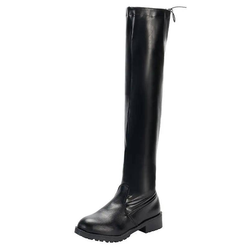 Damen Overknee-Stiefel aus Pu-Leder, elastisch, neuer Winter, schwarzer Langstiefel, Herbst, Slip-On, runde Zehenpartie, dicker niedriger Absatz, Knight Botas 35 schwarz von Joom DACH