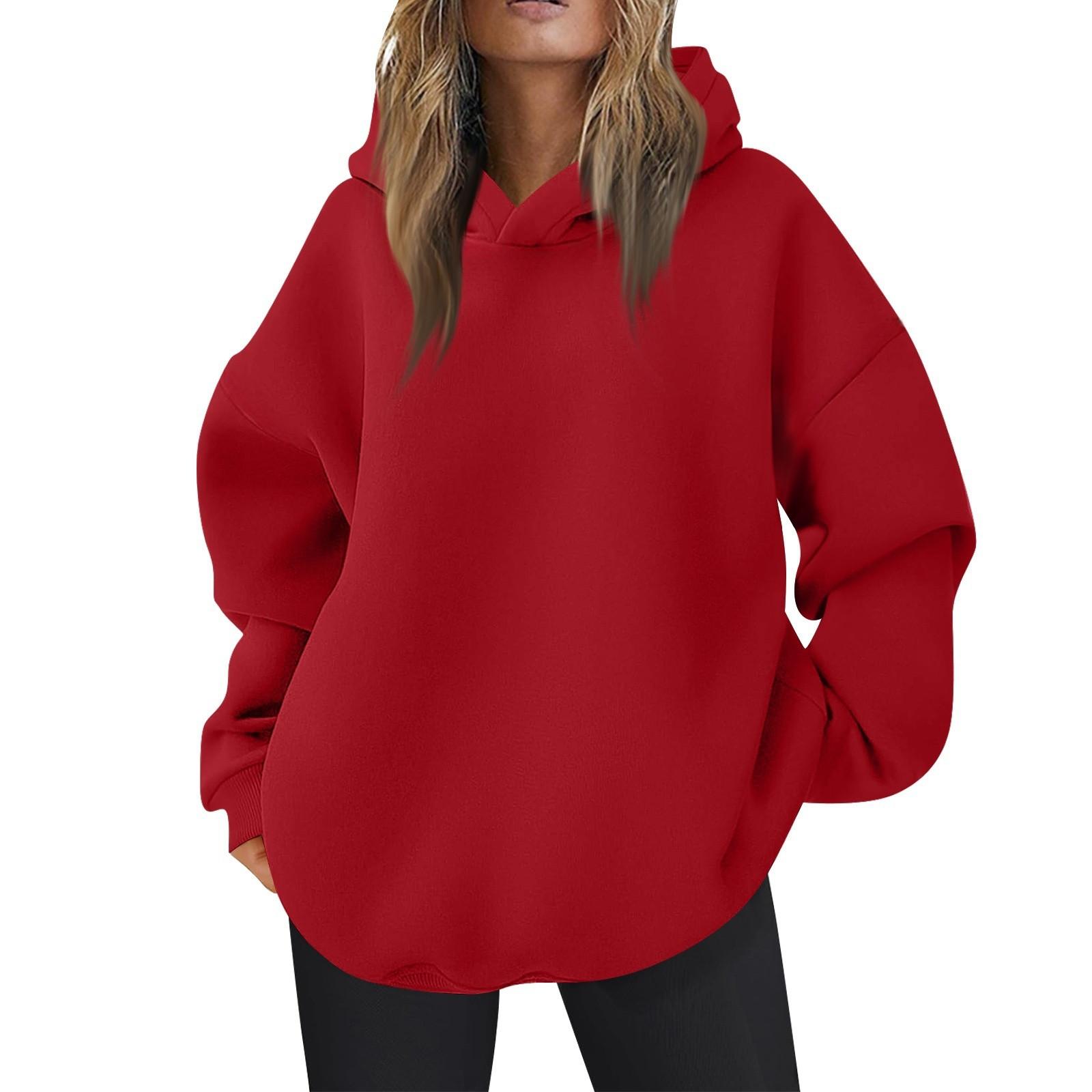 Damen Oversized Kapuzenpullover Lässige Bequeme Oberteile Herbstmode Outfits Niedliche Kleidung mit Taschen L rot von Joom DACH