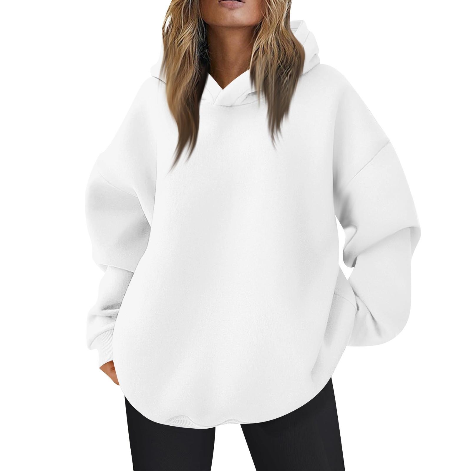 Damen Oversized Kapuzenpullover Lässige Bequeme Oberteile Herbstmode Outfits Niedliche Kleidung mit Taschen XXL weiß von Joom DACH