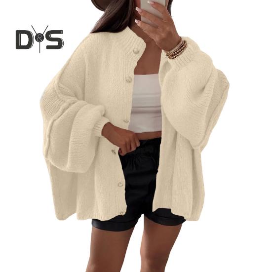 Damen Oversized Pullover Mantel Rundhals Laterne Langarm Einreihig Strick Oberbekleidung Lässige Loose Fit Strickmode L von Joom DACH