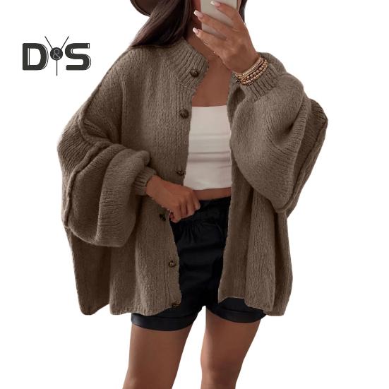 Damen Oversized Pullover Mantel Rundhals Laterne Langarm Einreihig Strick Oberbekleidung Lässige Loose Fit Strickmode S khaki von Joom DACH