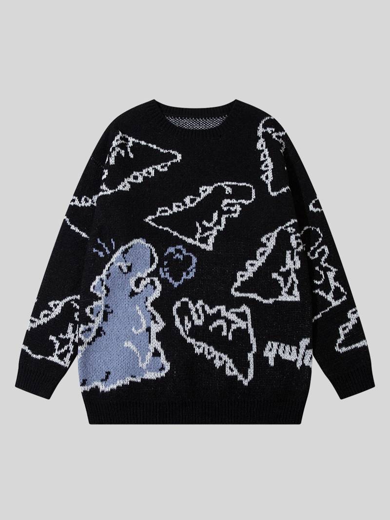 Damen Oversized Pullover mit Dinosaurier-Muster - Gemütlicher Langarm-Pullover für Freizeitkleidung M schwarz von Joom DACH
