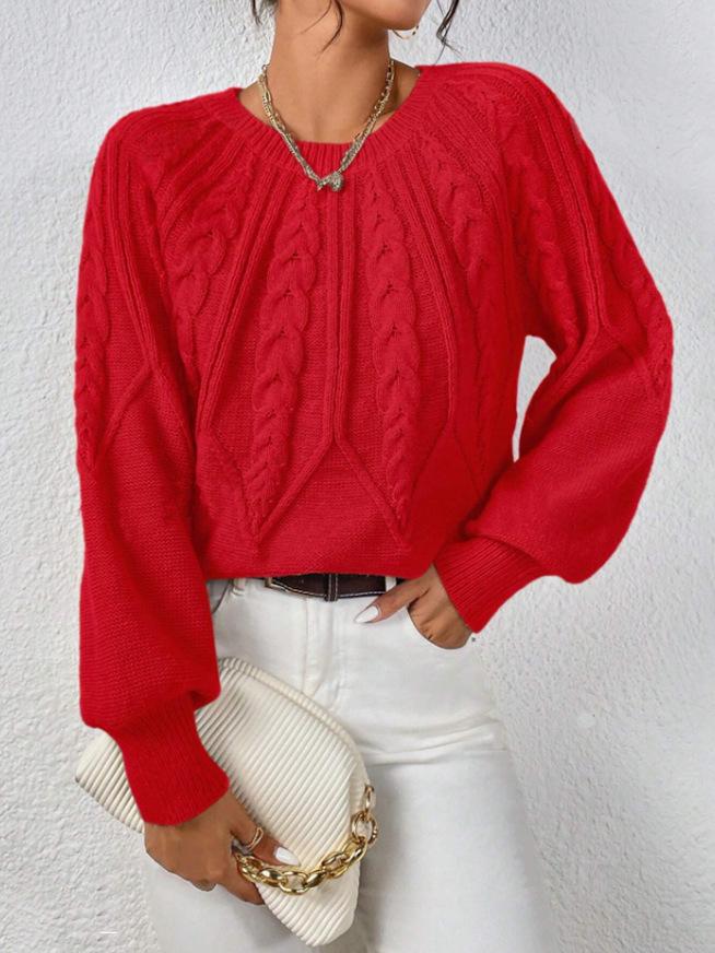 Damen Oversized Strickpullover Zopfmuster Pullover Langarm Lässige Oberteile Weiß Schwarz Beige Braun Grün XL rot von Joom DACH