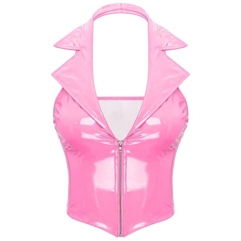 Damen PU-Leder Crop Top Slim Fit Weste Tank Top Rückenfrei Camisole Shirt Tops M rosa von Joom DACH