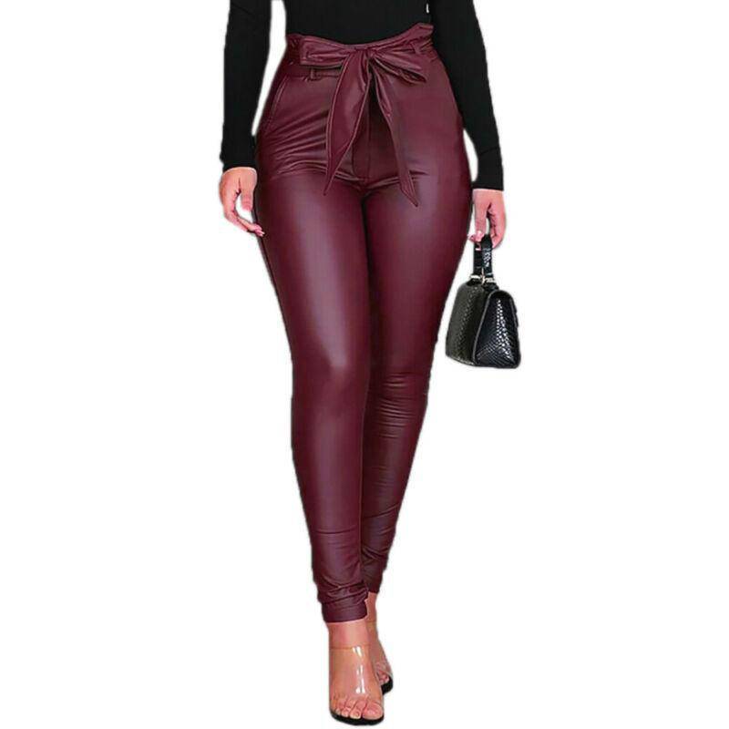 Damen-PU-Lederhose, schmale Passform, hohe Taille, Leggings, Jeggings, Röhrenhose mit Gürtel M rot von Joom DACH