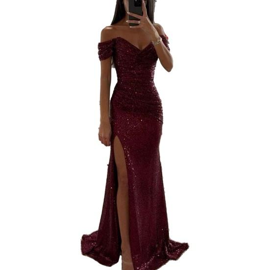 Damen Pailletten Ballkleid mit Schlitz Glitzerndes schulterfreies Kleid Formelles Meerjungfrauen Abendparty Maxikleid S von Joom DACH