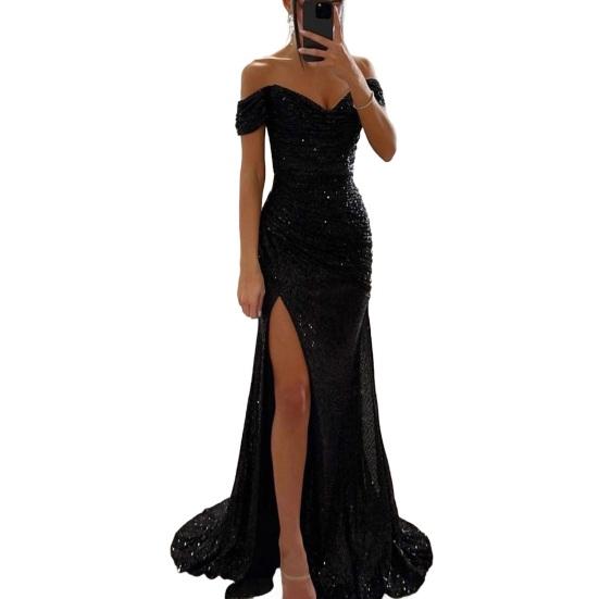 Damen Pailletten Ballkleid mit Schlitz Glitzerndes schulterfreies Kleid Formelles Meerjungfrauen Abendparty Maxikleid S von Joom DACH