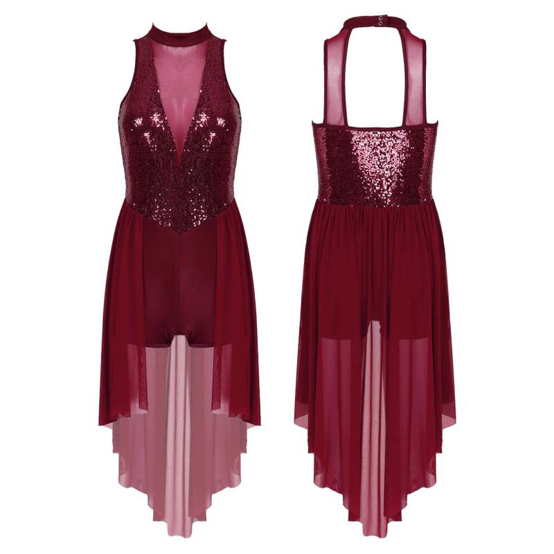 Damen-Paillettenkleid, lyrisches Tanzkostüm, ärmelloses Trikot mit Netzrock und Gymnastik-Performance-Tanzbekleidung S bordeaux von Joom DACH