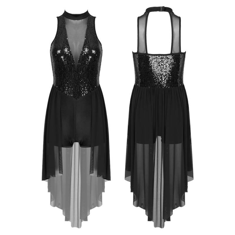 Damen-Paillettenkleid, lyrisches Tanzkostüm, ärmelloses Trikot mit Netzrock und Gymnastik-Performance-Tanzbekleidung XL schwarz von Joom DACH