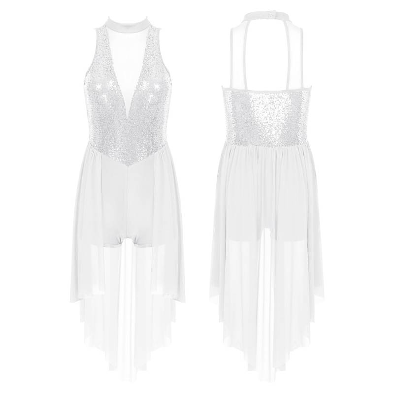 Damen-Paillettenkleid, lyrisches Tanzkostüm, ärmelloses Trikot mit Netzrock und Gymnastik-Performance-Tanzbekleidung XXL weiß von Joom DACH
