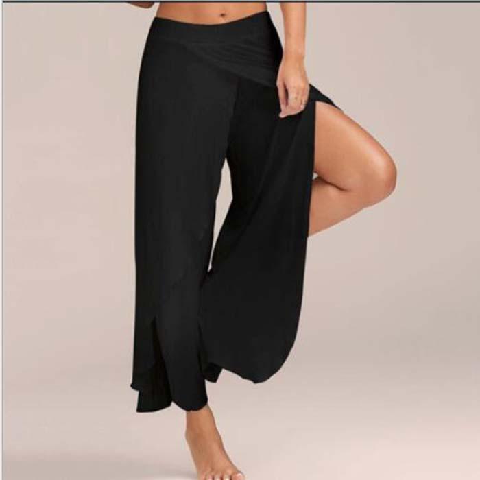 Damen Palazzo Boho Hose mit weitem Bein, lockerer Chiffonrock, ausgestellte Yogahose, Übergröße 5XL M schwarz von Joom DACH