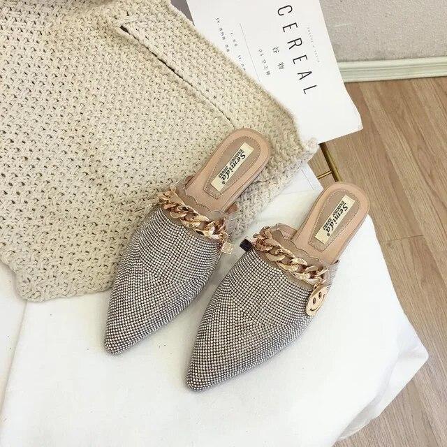 Damen-Pantoletten, Luxus-Wohnungen, modische Slipper, Designer-Schuhe, Sommer-Hausschuhe, spitze Zehen, Slides, Slip-on-Hochzeit, lässige Damen-Sandalen 38 khaki von Joom DACH