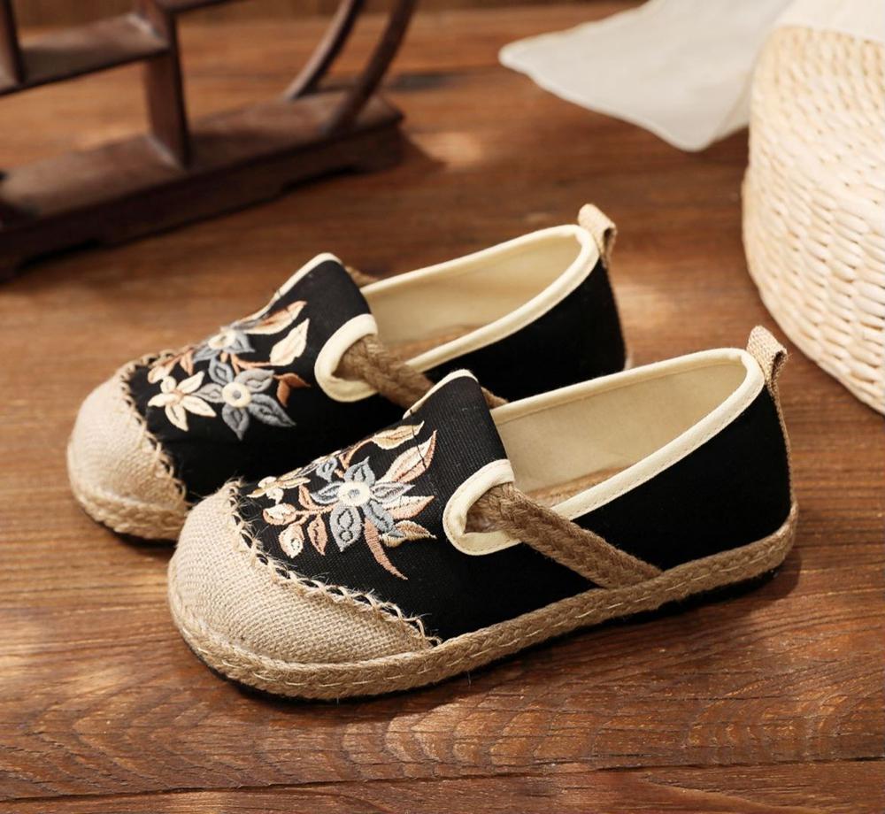 Damen Patchwork Canvas Leinen Loafer Handgemachte Damen Casual Slip On Sneakers Bestickte flache Espadrilles Hanfschuhe 35 von Joom DACH