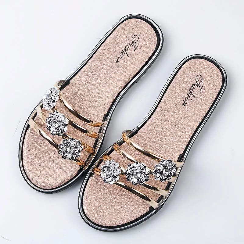 Damen Peeptoe Sandalen Hochwertige Strass Hausschuhe Rutschfeste Flip Flops Kristall Damen Schuhe Sommer Strand Schuhe Leichte Flache Sandalen 36 gold von Joom DACH
