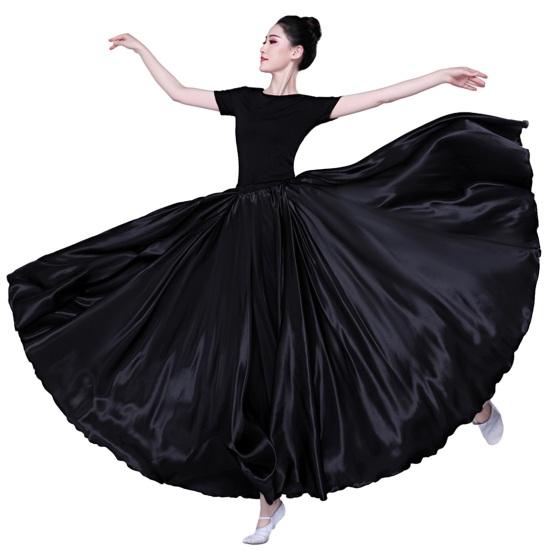 Damen Performance-Rock, hohe elastische Taille, einfarbig, plissiert, super großer Saum, Satin, langer spanischer Rock, Swing-Tanzrock, Bauchtanzrock 90 cm schwarz von Joom DACH