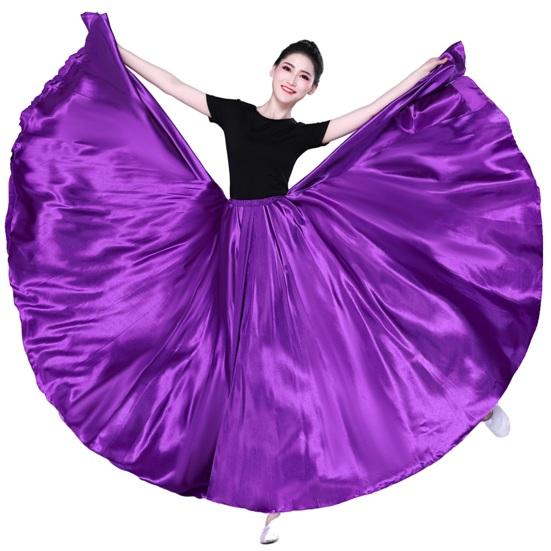 Damen Performance-Rock, hohe elastische Taille, einfarbig, plissiert, super großer Saum, Satin, langer spanischer Rock, Swing-Tanzrock, Bauchtanzrock 90 cm violett von Joom DACH