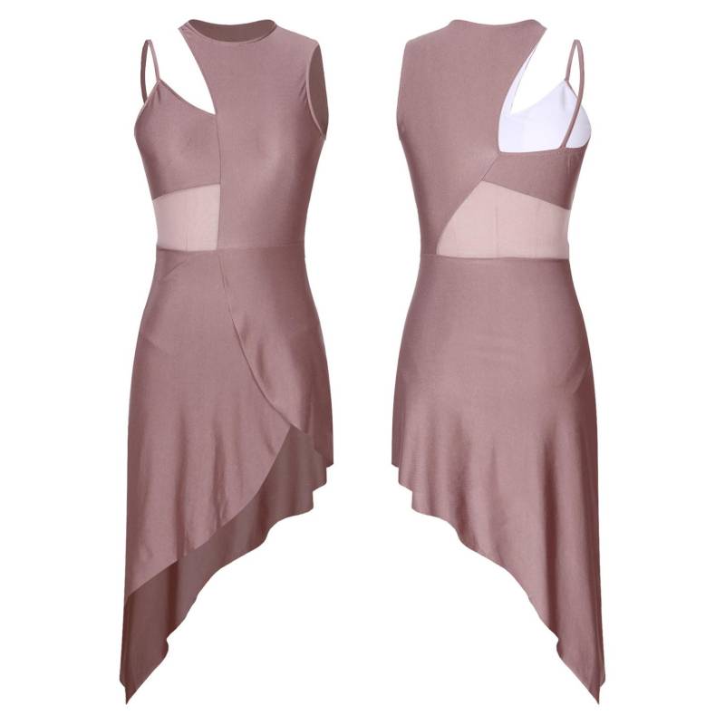 Damen Performance-Tanzkleidung, Mesh-Splice-Patchwork, High-Low-Lyrik, Bühnen-Samba-Tanzkleid XXL braun von Joom DACH