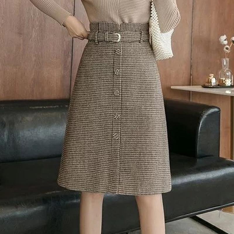 Damen Plaid Wollmischung Midi Röcke mit Gürtel Hohe Taille Schlanker Hahnentritt A-Linie Knielanger Rock Weibliche Faldas M khaki von Joom DACH