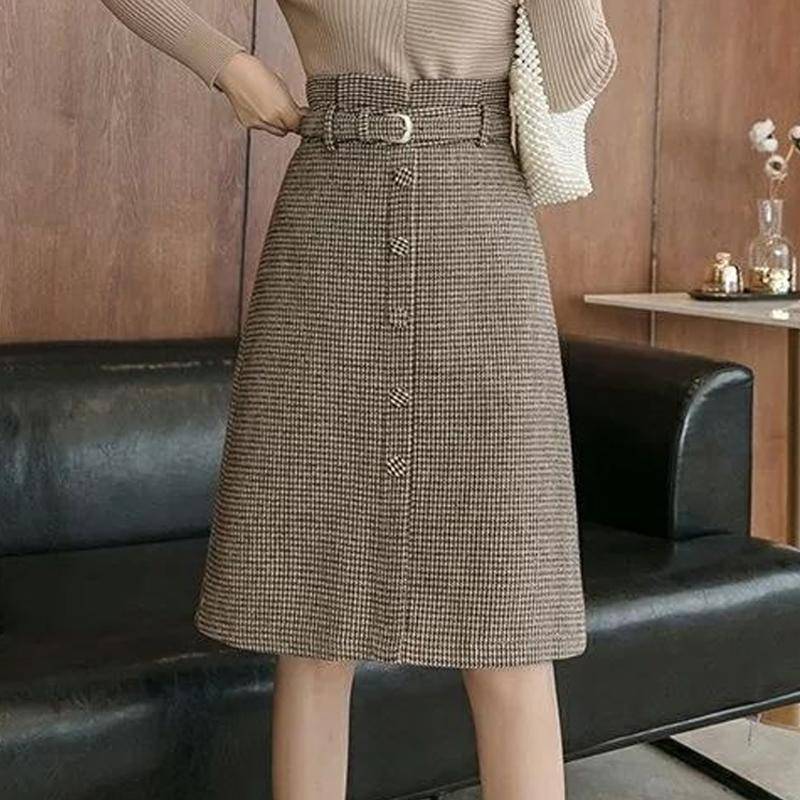 Damen Plaid Wollmischung Midi Röcke mit Gürtel Hohe Taille Schlanker Hahnentritt A-Linie Knielanger Rock Weibliche Faldas S khaki von Joom DACH