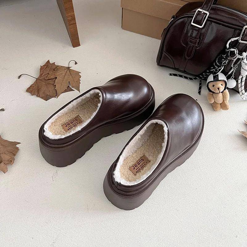 Damen Plateau Pantoletten Schuhe Leder Plus Samt Slingback Slides Schuhe Frau Herbst Winter Heighten Casual Baumwolle Hausschuhe Schuhe 37 braun von Joom DACH