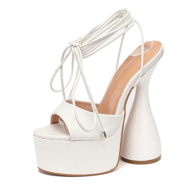 Damen Plateau Sandalen Mode Schlangenmuster Pu Leder Big Fish Peep Toe Knöchelriemen Schnürung Seltsame High Heels Party Abendschuhe 37 weiß von Joom DACH