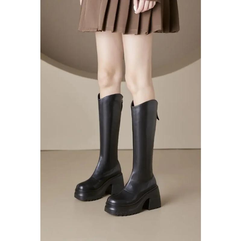 Damen Plateau Schuhe Neue Dicke Absatz Lange Stiefel Frühling High Heel Reiter Rindsleder Stiefel Dicke Sohle Schlanke Stiefel Kniehoch 34 von Joom DACH