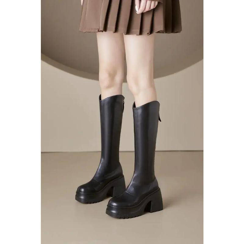 Damen Plateau Schuhe Neue Dicke Absatz Lange Stiefel Frühling High Heel Reiter Rindsleder Stiefel Dicke Sohle Schlanke Stiefel Kniehoch 34 von Joom DACH