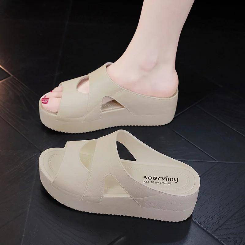 Damen Plateau-Slipper, modische Sandalen mit offenem Zehenbereich, Keilabsatz, lässige Outdoor-Schuhe mit rutschfestem Plateau-Absatz 40 apricot von Joom DACH