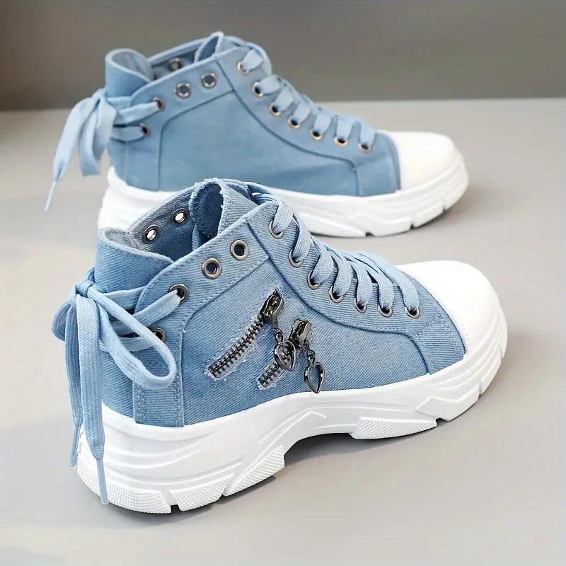 Damen Plateau-Sneakers, Schnür-High-Top-Schuhe mit Reißverschlussdetail, Lässige Allround-Sportschuhe Übergröße 38 blau von Joom DACH